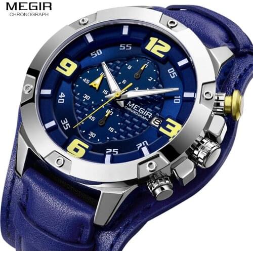 MEGIR Big Mens Watches Luxury Brand Chronograph Quartz Watch Men with Leather Bracer Relogio Masculino Reloj Hombre Dropship