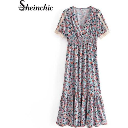 New Fashion Sexy V-neck Summer Dress Woman Casual Floral Print Elegant Beach Party Maxi Dresses for Women Robe Femme
