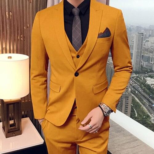 New Custom Made Puls Size Fashion Yellow Men Suits Slim Fit Tuxedos Wedding Dress Dinner Party Male Clothing (Jacket + Pants)