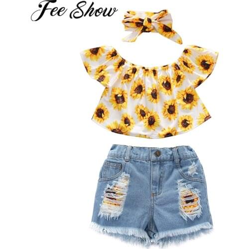 Baby Girls Clothes Off Shoulder Print Top Ripped Denim Shorts Headband Outfits Toddler Casual Fashion Summer Kids Clothing Set