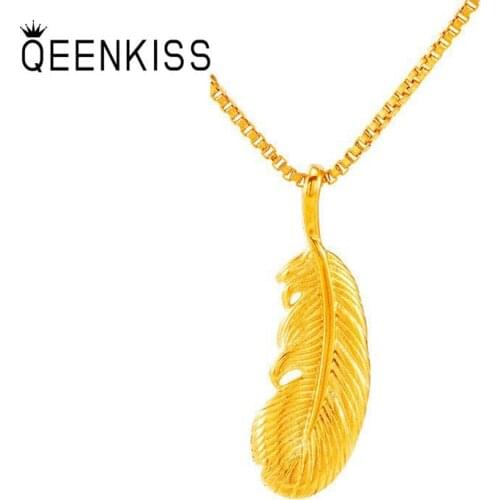 QEENKISS PT505 Fine Jewelry Wholesale Fashion Hot Woman Girl Mother Birthday Wedding Gift Feather 24KT Gold Pendant NO CHAIN