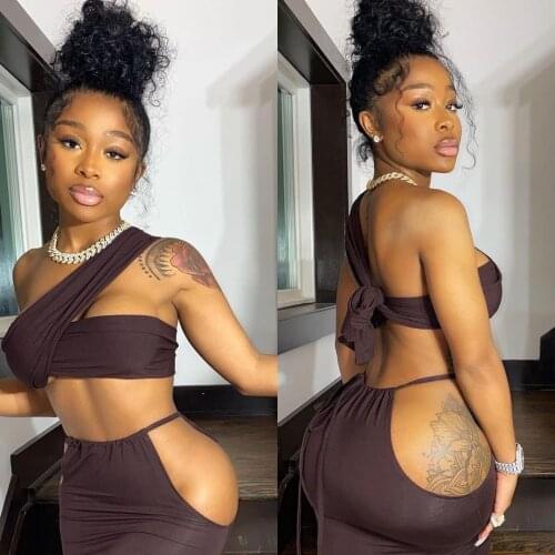 Sexy Backless Long Skirt Sets Cut out 2 Pcs Sets Tie Cross Halter Strap Crop Top Women Party Night Club Wear Summer Outfit 2021