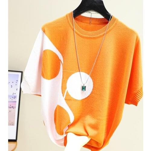 Knitted Hit Color T-Shirt Korean Style Tops Tshirt Woman Loose Short Sleeve T Shirts 2021 Womens Tee Shirt Femme Summer