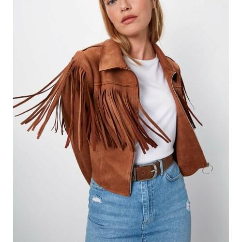 Tasseled Suede Thin Crop Coat Zipper Closure Womens High Street Casual Daily Bohemian Trendy Fashion Style