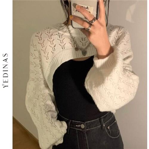 Fashion Simple Knitted Solid Long Sleeve Hollow Short Pullover Women Sweater Knit Fall Crop Top Sexy Outfit Cropped Cape Cloak