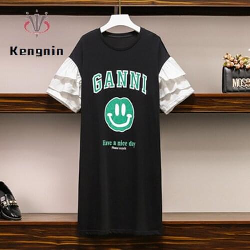 2021 Summer Plus Size 4XL Womens Dress Loose Pachwork Print Letter Ladies T-Shirt Dresses Butterfly Sleeve Midi Dresses KE1586