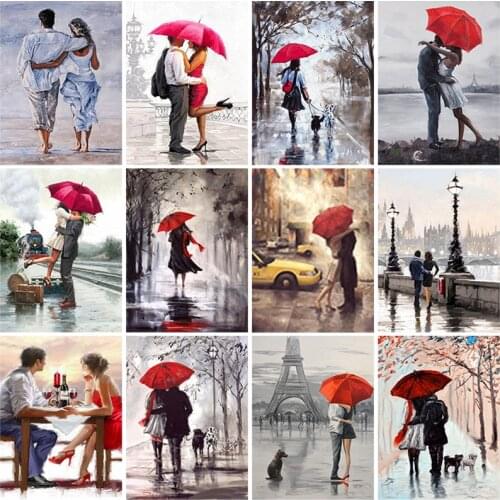 DIY 5D Diamond Painting Couple Diamond Embroidery Red Umbrella Street View Cross Stitch Full Round Drill Rhinestones Home Decor
