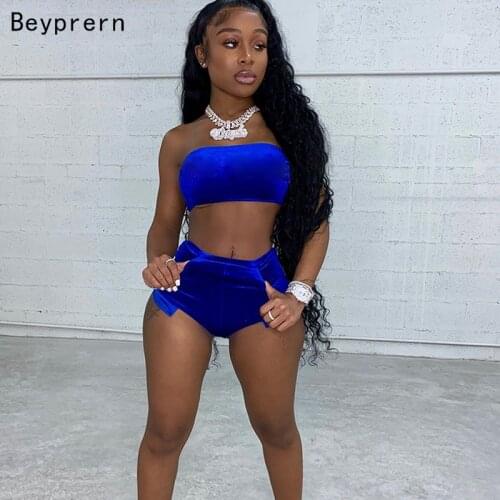 Beyprern Runway Strapless Velvet Crop Top And Biker Shorts Set Two-Piece Suits Summer Workout Overalls Skinny Party Club Wear
