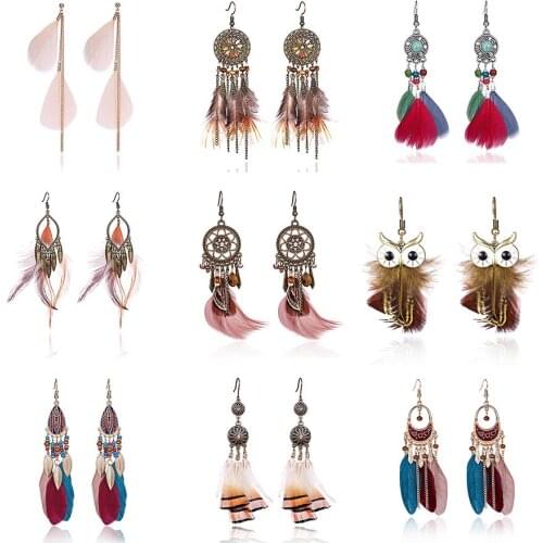 Colorful Long Tassel Dangle Earrings Women Compass Pattern Net Owl Leaf Peacock Feather Pendant Casual Earrings Jewelry