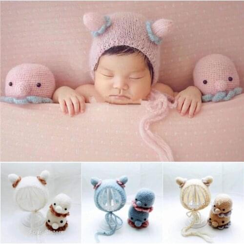 Dvotinst Newborn Baby Photography Props Kint Cute Octopus Bonnet Hat Dolls Fotografia Accessories Studio Shoots Photo Props