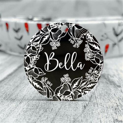 Personalized Pet Dog Cat Name Tag Keychain Cool Flower Pattern Custom Laser Engraved Pet Name For Collar Pendant Key Ring