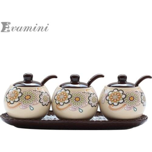 Ceramic Seasoning Jar Three-piece Suit With Tray Kitchen Accessories Set Supplies Seasoning Bottle With Spoon Cans Storage Box C