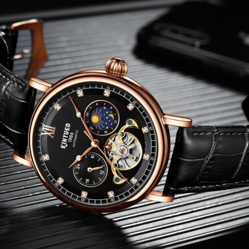 KINYUED Watch Skeleton Dial Dual Moon Phase Mechanical Watches Men Black Gold Leather Tourbillon Waterproof Automatic Wrsitwatch