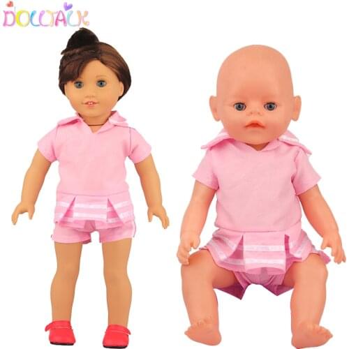 18 Inch American Doll Pink Short Sleeve+Shorts Suit Summer Lapel Stripe Clothes Set For 43cm New Baby Russia Dolls Toys Gift
