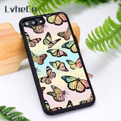 LvheCn Silicone Phone Case Cover for iPhone 6 6S 7 8 Plus X XS XR 11 12 Mini Pro Max BUTTERFLY PASTEL PATTERN TIE DYE RAINBOW