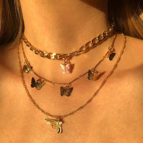 FNIO Bohemian Multilayer Necklaces For Women Men Gold Butterfly Portrait Coin Cross Crystal Chokers Necklace Trendy New Jewelry