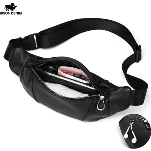 BISON DENIM Genuine Leather Trendy Waist Bag Men Black Fanny Pack For Male Multifunction Crossbody Bags Chest Bag XB203-7011