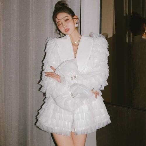 2021 New Autumn Fashion Ruffles Net Yarn Bow Diamond Buckle White Fairy Coat One Button Loose Long-sleeved Suit Jacket Coat