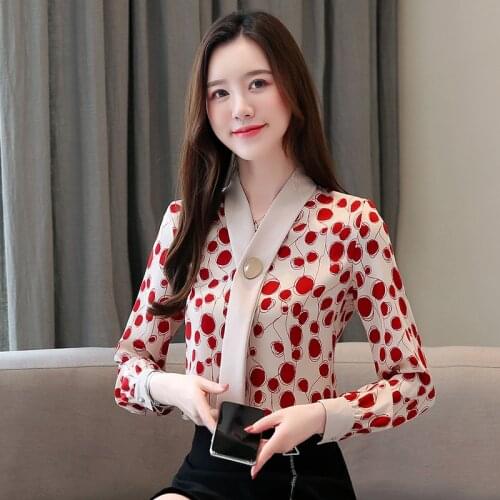 2020 autumn new office red polka dot v-neck streamer long sleeve chiffon shirt fashion shirt