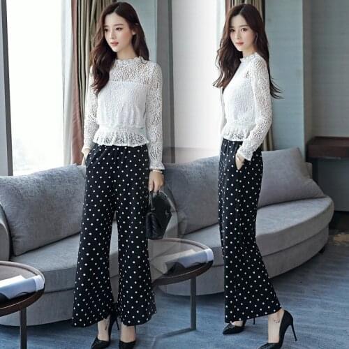 2018 spring new style womens round neck long-sleeved lace shirt + fashion style elegant trousers wide leg pants two-piece suit