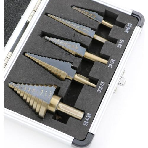 Arrival High Quality 5pcs/Set HSS COBALT MULTIPLE HOLE 50 Sizes STEP DRILL BIT SET w Aluminum Case