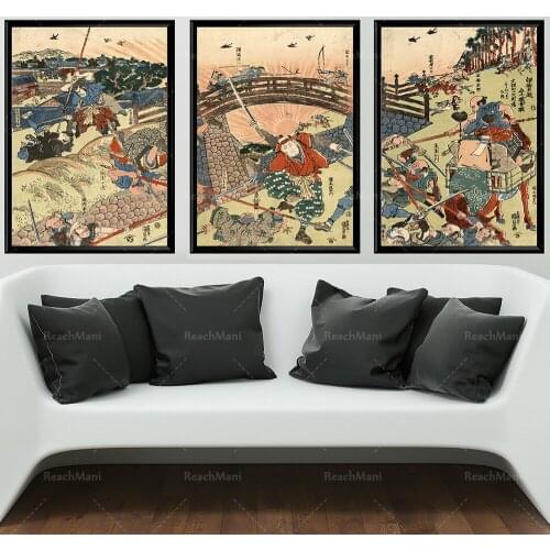 Samurai Fighting Japanese Triptych Battle Scene Vintage Japanese Poster Collection Vintage Japanese Warrior Printmaking Japanese