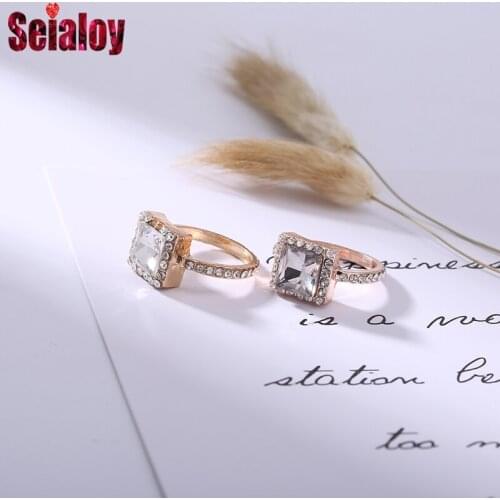 Seialoy Fashion Shiny Square Crystal Ring For Women Original Rose Gold Stackable Lovers Female Engaged Wedding Ring Jewelry Gift