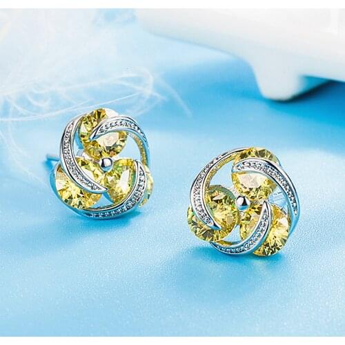 Colorful Austrian Crystal Clover Diamonds Citrine Gemstones Stud Earrings for Women 18k White Gold Silver Color Chic Jewelry New