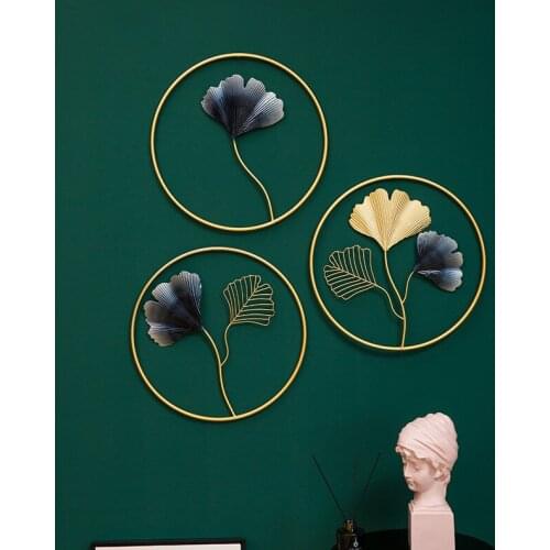 Modern Light Luxury Round Wall Decoration Porch Pendant Sofa TV Background Wall Decor Colored Metal Ginkgo Leaf Home Decoration