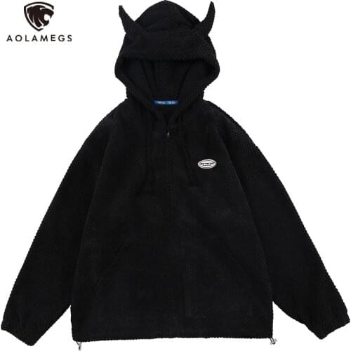Aolamegs Hooded Zipper Sweatshirt Oversized Jacket Coat 2021 Men Women Hoodies Harajuku Hip Hop Devil horns Hoodies Couple