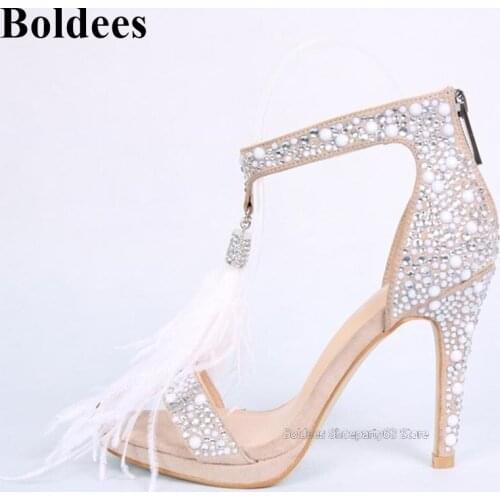 Sexy T-Bar Strap Crystal High Heel Sandals Women Ankle Wrap Platform Bride Wedding Dress Shoes Women Party High Heels