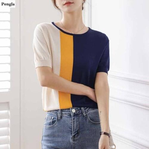 Knitted sweater T - shirt female short - sleeved thin summer dress new fashion style loose color collision jacket SR-T35004