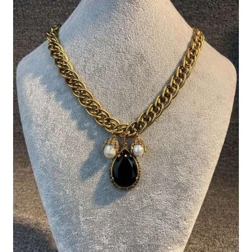 Top Quality Fashion Party Jewelry For Women Black Crystal Pearls Necklace Luxcy Party Necklace Vintage Chain Jewelry Neckalce