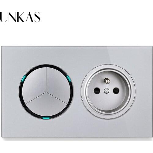 UNKAS 3 Gang 1 Way / 2 Way + French Standard Wall Power Socket On / Off Light Switch LED Indicator White Crystal Glass Panel 16A