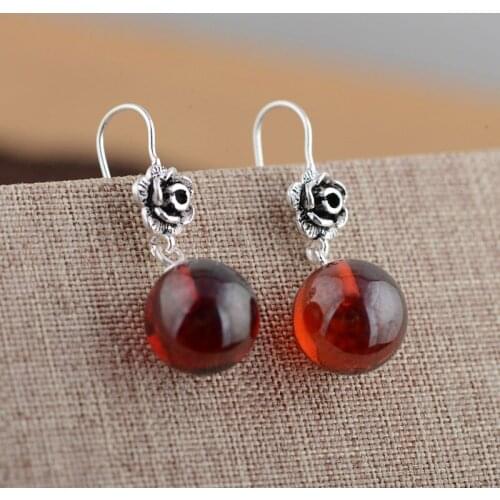 FNJ Rose Flower Earrings 925 Silver 100% Pure Original S925 Silver Sterling Drop Earring for Women Jewelry Red Zircon