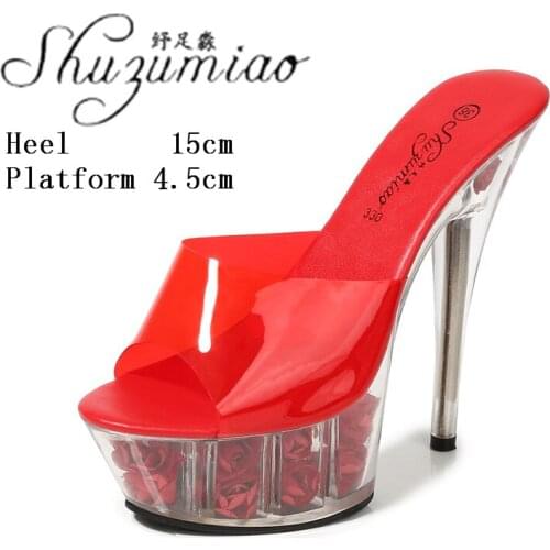 Model Sexy Transparent Crystal Stiletto 15 CM Super High Heel Slippers Flowers Clear Platform Slides Jelly Womens Shoes Summer