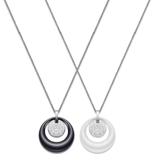 Fashion Double Layers Circle Ceramic Pendant Necklace Crsytal Pendant For Women Rhinestone Black White Women Ceramic Necklace