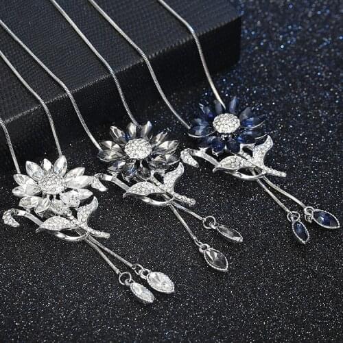 Sunflower Choker Necklace for Women Fashion Crystal Long Necklaces & Pendants Silver Color Tassel Chain Jewelry Collier