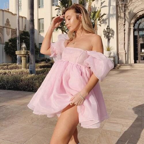 2021 New Style Women Mesh Princess Dress Ladies See-through Solid Color Puff Sleeve Square Collar Short Mini Dress