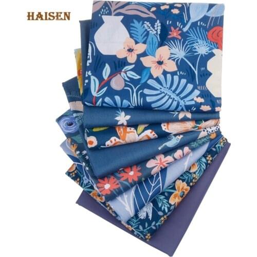8Pcs/Pack,Blue Flower And Bird Printed Twill Patchwork Fabric,Cotton Cloth, Sewing Quilting Fat Quarters Material For Baby&Child