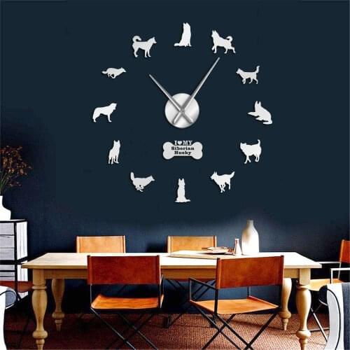 Siberian Husky Russian Dog Breed DIY Big Silent Wall Clock Sibirskiy Haski Self Adhesive Sticker Giant Wall Art Home Decor Watch