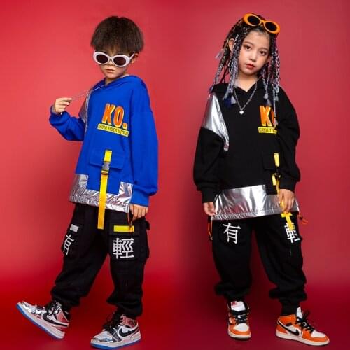 Kids Hip Hop Dance Clothes Hoodie Tops Girls Black Pants Jazz Dance Practice Wear Long Sleeve Boys Street Dancing Outfit BL5431