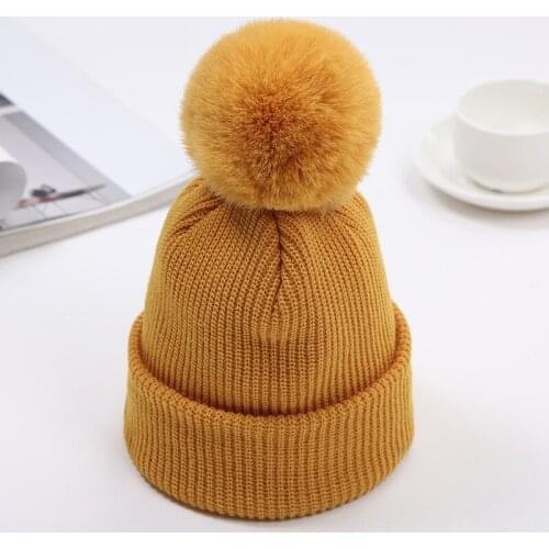 Children Winter Warm Beanies Hat Faux Fur Pom Poms Ball Pompon Knitted Ski Caps Hat Thick Beanie Bonnet for Baby Kids Toddler