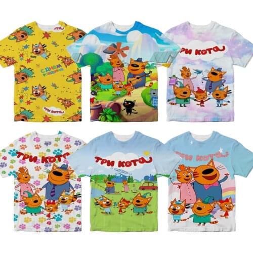 Kid Russian TpnkoTa Three Kittens T Shirts Boys Girls E Cats T-shirts My Family Three Happy Cats Cookie Candy Pudding Child Tee