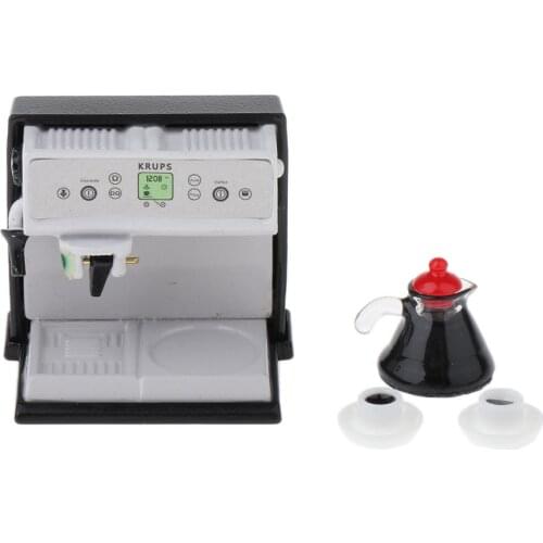 1/12 Scale Coffee Maker Machine with Kettle Cups Set Kitchen Utensils for Dollhouse Life Scenes Decor, Kids Pretend Play Toy