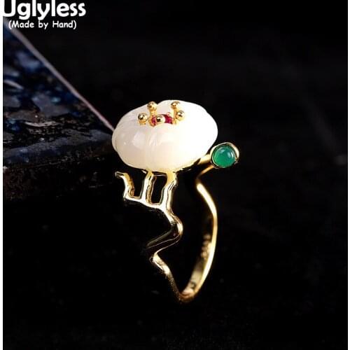 Uglyless Natural Hetian Jade Plum Blossom Rings for Women Real 925 Silver Floral Open Ring Elegant Lady Party Dress Jewelry Gold