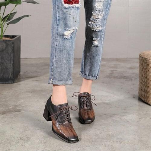 Handmade Leather Pumps Women Square Toe Lace-Up Ankle Boots With Block Heel Coffee/Grey