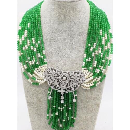 10ROWS white freshwater pearl/green jade round & zircon flower pendant tassel neklace 16-20inch FPPJ