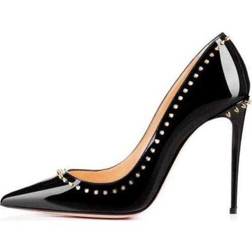 Fashion Black Patent Leather Rivets Studded High Heels 2018 Thin Heels Woman Shoe Shallow Mouth Stiletto Heels