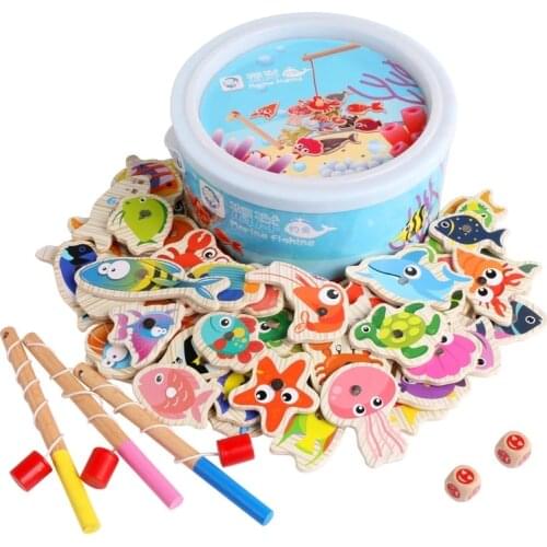60pcs Wooden Magnetic Kids Fishing Toy Set Montessori Educational Outdoor Game For Children Baby Girl Boys 2 to 4 Years Old Gift